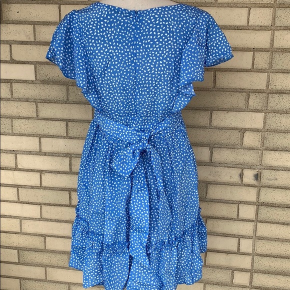 Blue Flutter Sleeve Frill Hemline Trim Dalmatian Dress - Picture 7 of 14